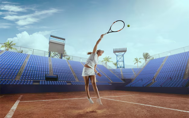 Tennis player on a professional tennis court hitting the ball