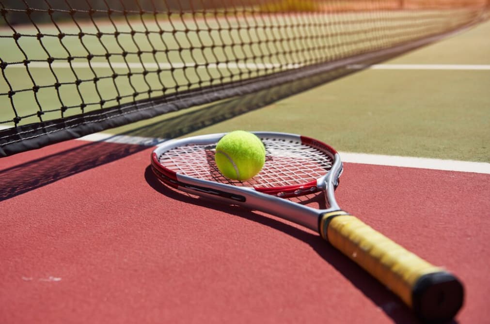 Tennis ball on racket beside net on red court