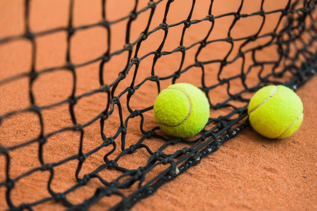 Two tennis ball near the black net on ground